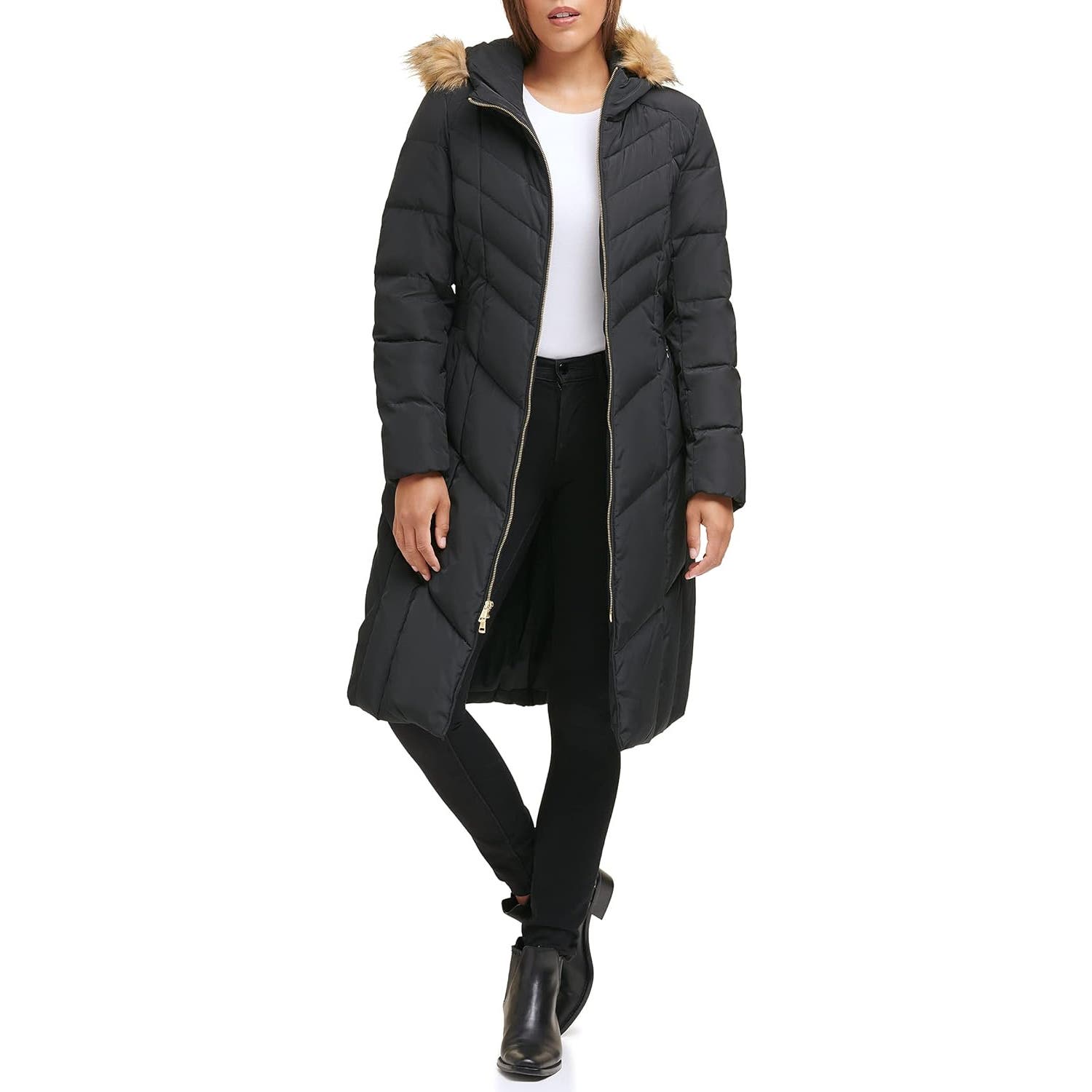 Cole Haan Signature Long Taffeta Down Chevron Quilted Hooded Coat Size S Nwot